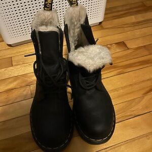 Dr. Martens Black Leather Ankle Boots with Cream Shearling Lining